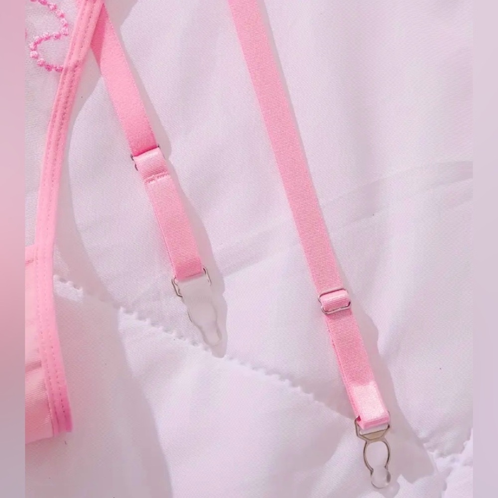🎀🌷 Ethereal Pink Floral Embroidered Garter Lingerie Set Corset Bra & Thong 🌷🎀 - Picture 8 of 16